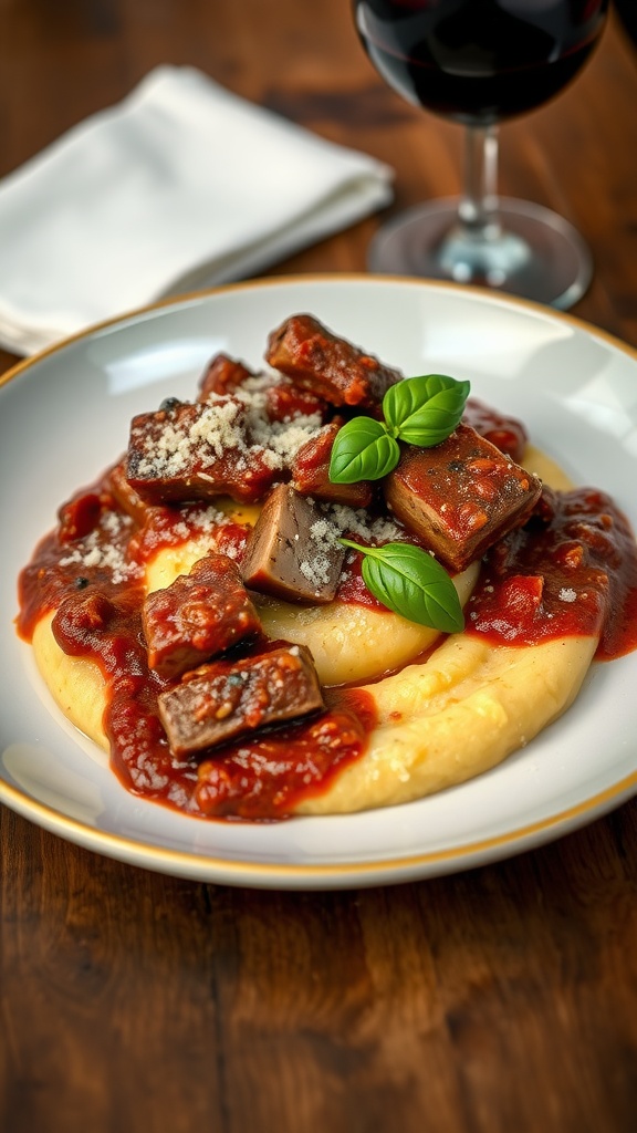 Duck Bolognese over creamy polenta, garnished with basil and Parmesan on a rustic table.